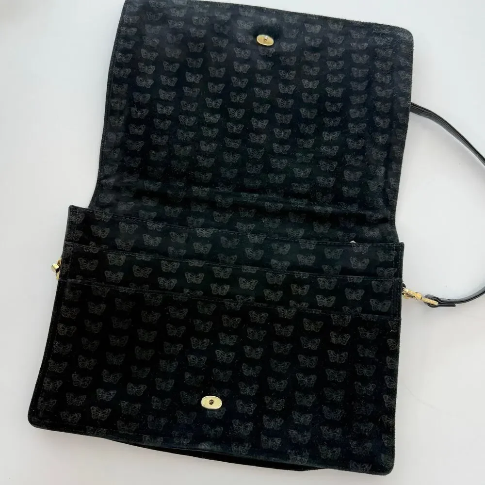Bottega Veneta Vintage Suede Shoulder Bag Envelope Clutch Black Butterfly Print